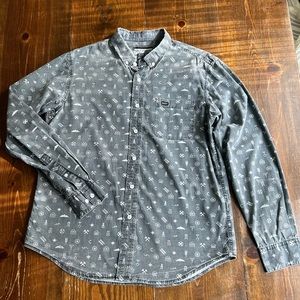 RVCA Men’s Long Sleeve Button Up Sz Medium Slim Fit Gray with Symbols and Pocket